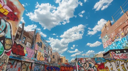 A vibrant urban street art scene with colorful graffiti murals covering the walls of buildings, set...