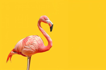 Fototapeta premium Beautiful pink flamingo on a yellow background
