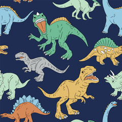 Hand drawn seamless vector pattern with dinosaurs. Perfect for fabric, wallpaper, wrapping paper or nursery decor.