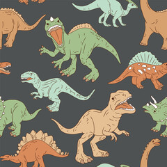 Hand drawn seamless vector pattern with dinosaurs. Perfect for fabric, wallpaper, wrapping paper or nursery decor.
