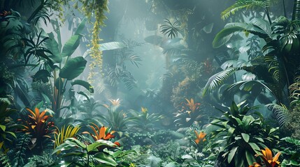 A tropical rainforest with dense foliage and vibrant plants