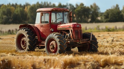 Fototapeta premium A vintage tractor parked in a field of freshly harvested hay