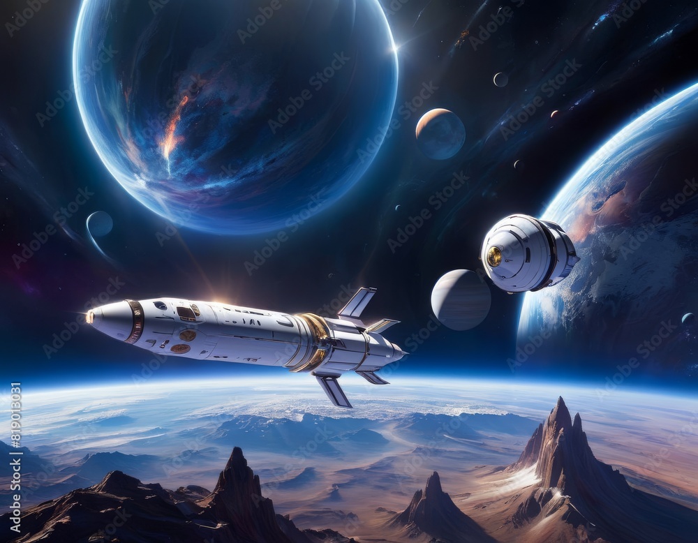 Poster digital artwork of a futuristic spacecraft in orbit around a breathtaking fantasy planet with a vivi