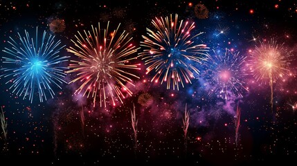 Fototapeta premium A photorealistic image of a vibrant fireworks display illuminating the night sky with a dazzling array of colors and shapes, perfect for Independence Day celebrations and summer events.