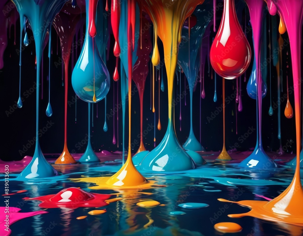 Poster a vivid, high-contrast image of colorful paint drips on a reflective surface, symbolizing creativity