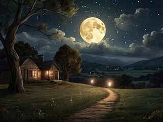 Dark city landscape with houses bathed in moonlight under a starry night sky