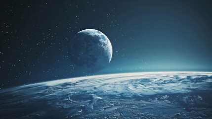 Stunning View of a Terraform Moon: Lush Greenery and Sparkling Water Bodies Under a Clear Sky, Showcasing Advanced Space Colonization and Planetary Engineering in the Future