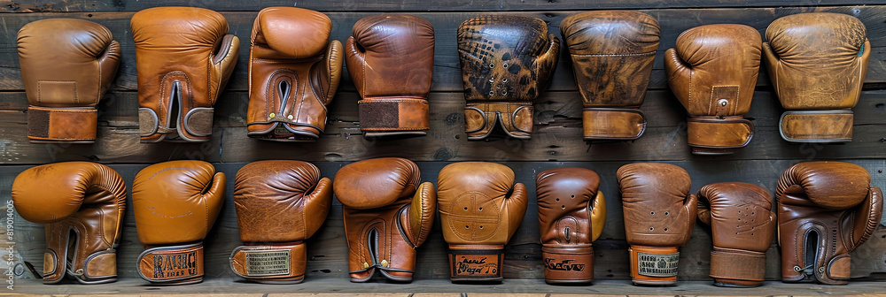 Wall mural A row of old boxing gloves are displayed on a wooden shelf