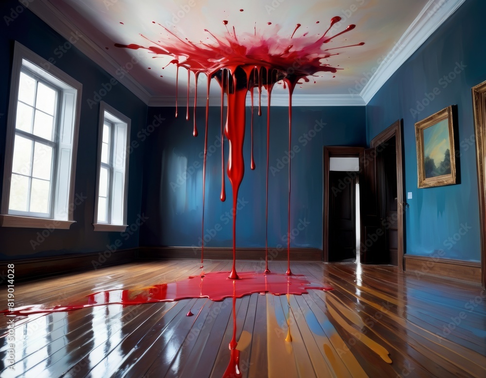 Poster a striking scene of red paint splashing onto the floor of an elegant room with classic architecture,