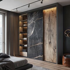 Contemporary bedroom with dark marble wardrobe door and wooden shelving.
