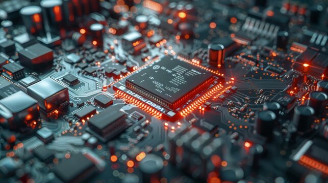 Close-up of an electronic component in a high-tech environment, showcasing precision engineering