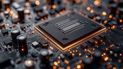 Close-up of a microchip on a circuit board, highlighting intricate electronic components and pathways