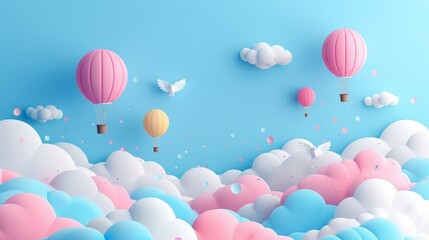 The balloons floating in the sky with birds