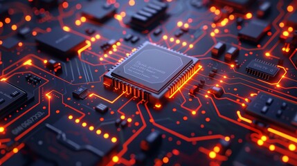 Digital illustration of a computer chip, emphasizing data flow and electronic connectivity