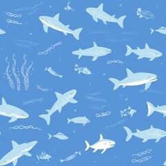 Colorful seamless texture showcasing aquatic animals like dolphins, sharks, and tropical fish swimming in a deep blue ocean background, water color, drawing style, isolated clear background