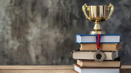 Stack of books with golden cup trophy and medal. Academic and school knowledge, business   - Powered by Adobe