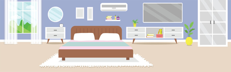 Modern bedroom interior. Vector flat cartoon illustration. Cozy bedroom. Interior concept. Vector flat illustration. 