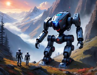 A large blue robot leads human companions on a mountain trek at sunrise, depicting a blend of exploration and robotic companionship.. AI Generation