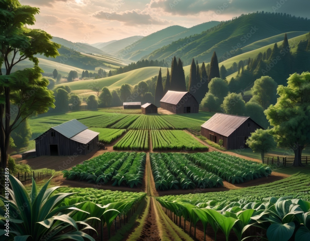 Poster a tranquil dawn scene over rolling hills with neat rows of crops, punctuated by rustic barns amidst 