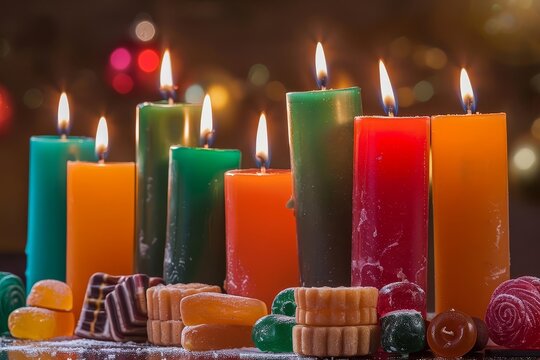 Background with colorful candles and sweets for Kwanzaa, with copy space
