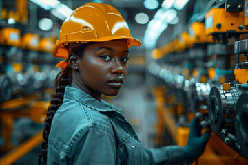A female, black, Afro-American engineer, construction worker, in a state-of-the-art automotive factory, manufactory production line robots