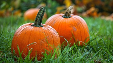 Close-up view of pumpkins in a grassy field, capturing the texture of both pumpkins and grass in vivid detail