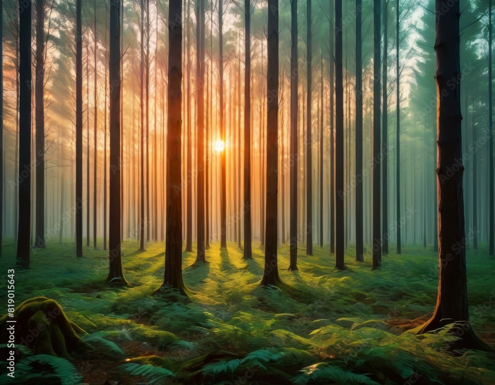 Poster a serene sunrise filters through the mist in a lush forest, casting soft light over a verdant underg