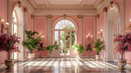A luxurious, sunlit room with pink walls, large arched windows, and a checkered black and white...