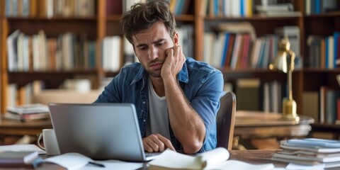 Frustrated Man Working on Laptop at Desk