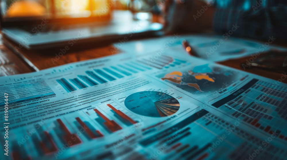 Poster close-up of business data analysis with charts, graphs, and a map spread out on a table.
