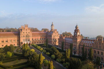 Aerial view of Yury Fedkovych national University in Chernivtsi. Morning cityscape with foggy haze. Architectural monuments in western Ukraine