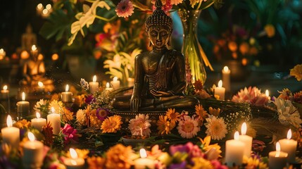 A beautiful array of flowers laid at the feet of a Buddha statue, surrounded by candles for Asalha Bucha Day