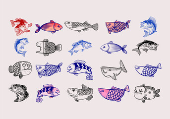 Set of fish hand drawing outline icon character element vector illustration. Beautiful design fish for banner, , poster, books, cards and background.