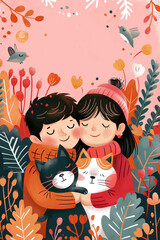 cute cartoon artwork woman, man, cute cat hugging together with flower blossoming in garden, Happy family illustration poster card design