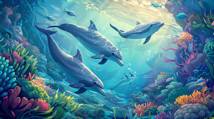 Ocean Environment, Dolphins, Environment Protect Poster, Ocean Protection Poster, Dolphin Illustration