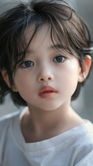 Little beauty girl closeup short black hair looking to camera wearing white dress