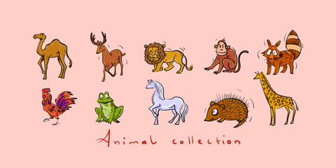 Fototapeta premium Cute cartoon animal icon character hand drawn vector illustration set. Wild, domestic, pet animal collection.