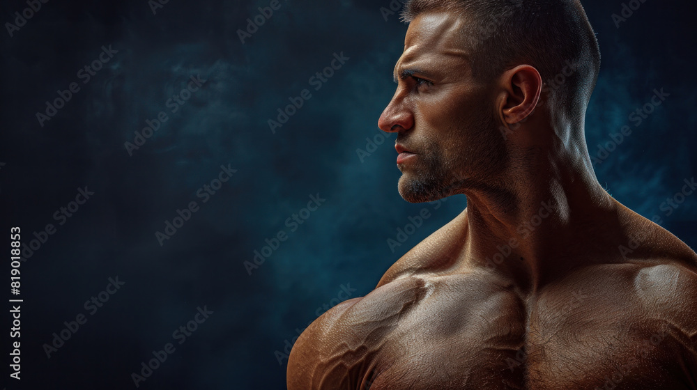 Poster a man with a muscular build is standing in front of a dark background. he is focused and determined