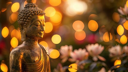 serene golden Buddha statue, blurred bokeh lights behind, and blooming lotuses below, on Magha Bucha Day