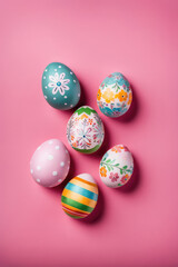 Fototapeta premium Handmade decorated Easter eggs on pink background