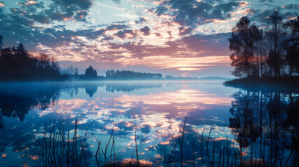 Morning silence: veil of mist over an idyllic lake