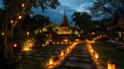 temple's shadow cast over a garden, with the soft glow of lanterns and candles for Asalha Bucha Day