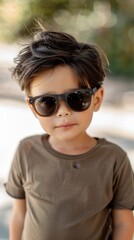 Handsome little boy wearing t shirt and black sunglasses casual fashion
