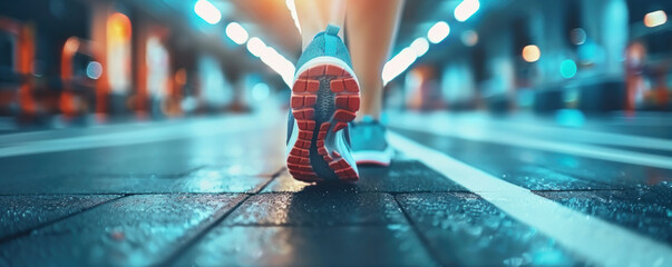 A person is running on a wet sidewalk with a bright blue shoe. The image has a mood of excitement and energy, as the person is in motion - Powered by Adobe