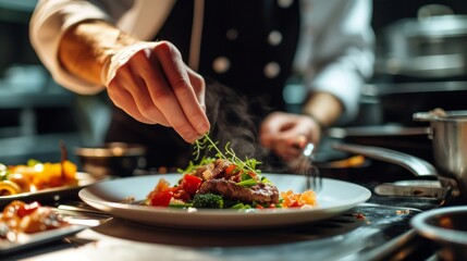 Chef garnishing delicious meal in a pan with herbs, showcasing culinary artistry and professional cooking.