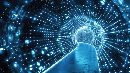An immersive blue LED light tunnel, with dazzling lights and geometric patterns