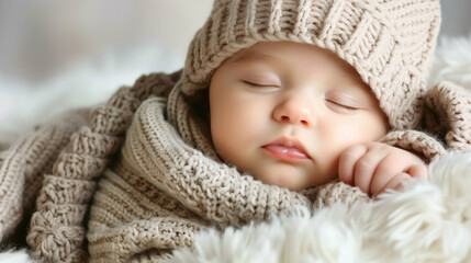 A baby is sleeping with a hat on and a blanket wrapped around him