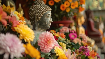 Fototapeta premium Beautiful flowers arranged in front of a Buddha statue, ready for offering on Visakha Bucha Day