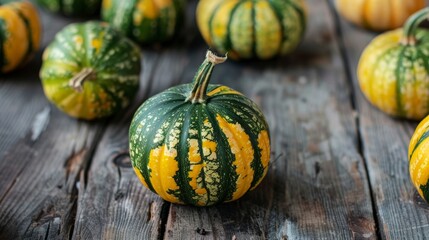 Close-up of many green and yellow striped pumpkins, arranged in a dynamic composition, highlighting their unique features