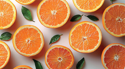 Ripe halves of oranges on a white background pattern. Orange slices. Juicy halves of tangerines and oranges. Design of orange juice, dessert, citrus background. Juicy citruses background.